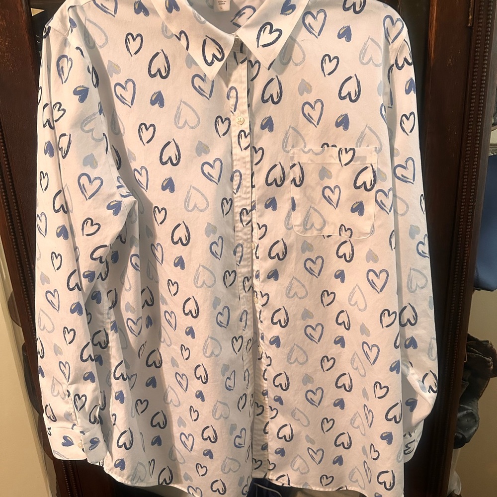 Coldwater Creek Blue and White Heart Print Shirt